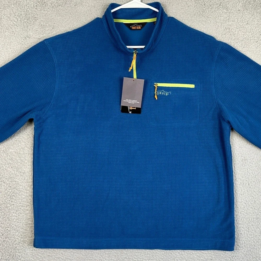 NEW Orvis Trout Bum Sweater Mens XL Blue Green Grid Fleece Quarter Zip Pullover